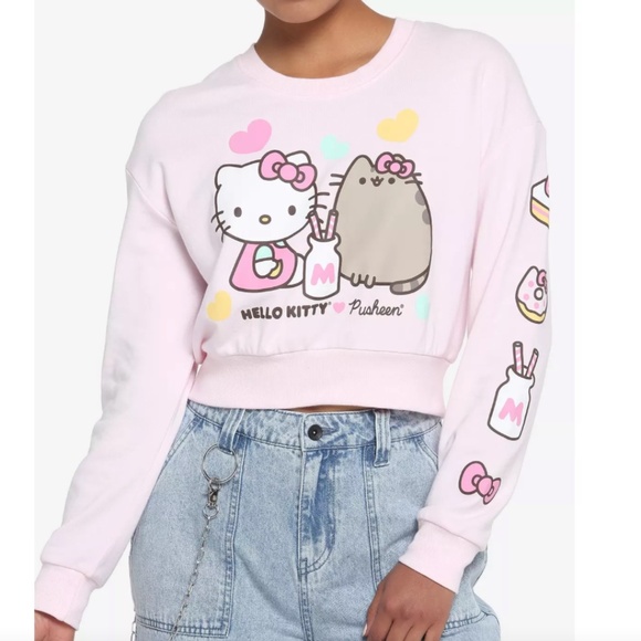 Sanrio Tops - Hello Kitty x Pusheen Sweets Girls Crop French‎ Terry Sweatshirt Pink Size Large
